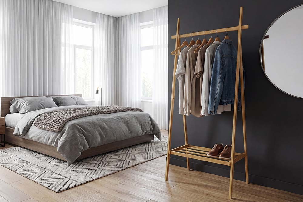 Massivholz Garderobe ZEN-BO 160cm natur Bambus Kleiderstange mit Ablage