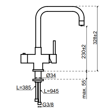 Selsiuz Inox kokend water kraan met combi extra boiler en U-uitloopkraan gold