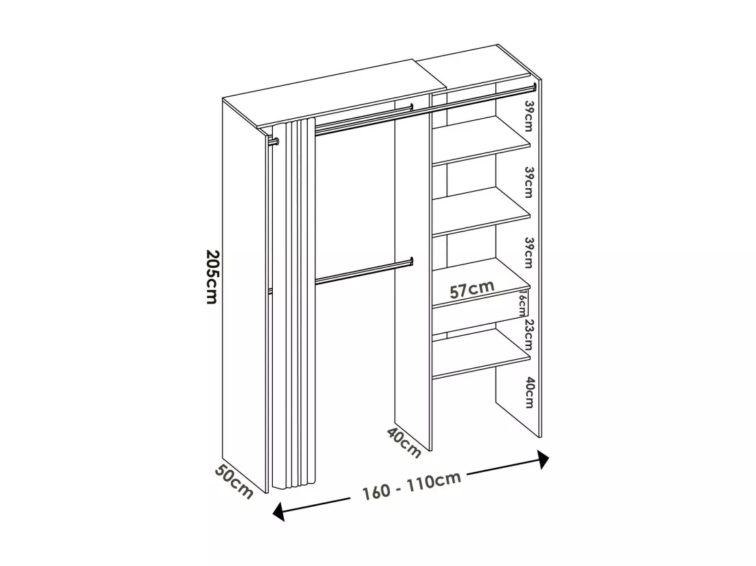Armoire Dober, Structure pour dressing avec rideau, Cintre ouvert, 160x50h205 cm, Chêne et Anthracite