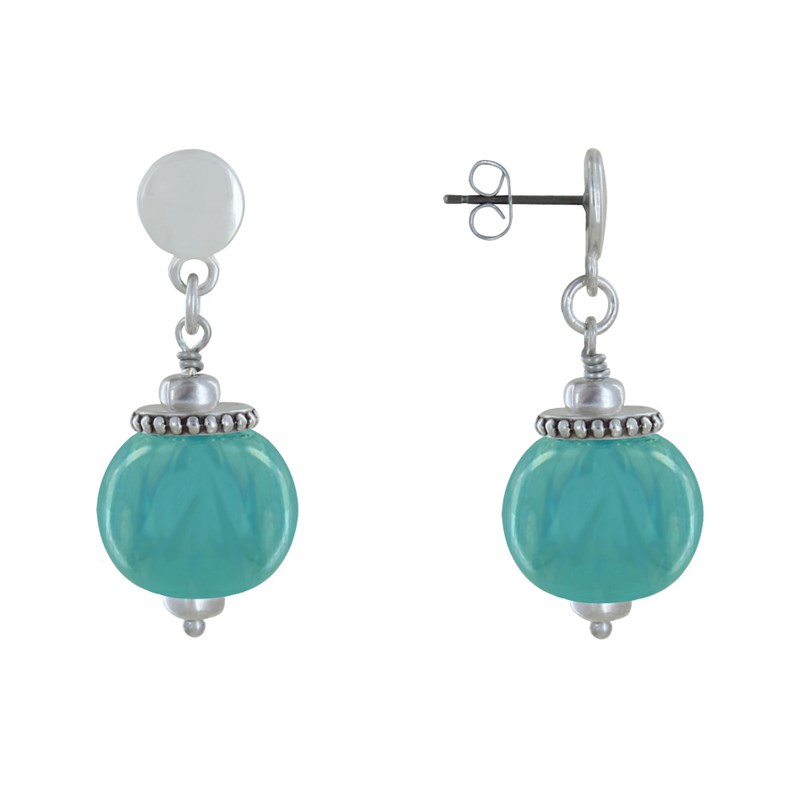 Boucles d'Oreilles Clous Métal Argenté et Grosses Perles en Céramique