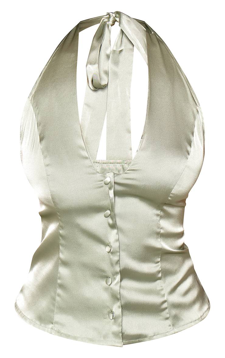 Vert Top Cache-cœur Dos Nu En Satin Sauge Avec Boutons Shape