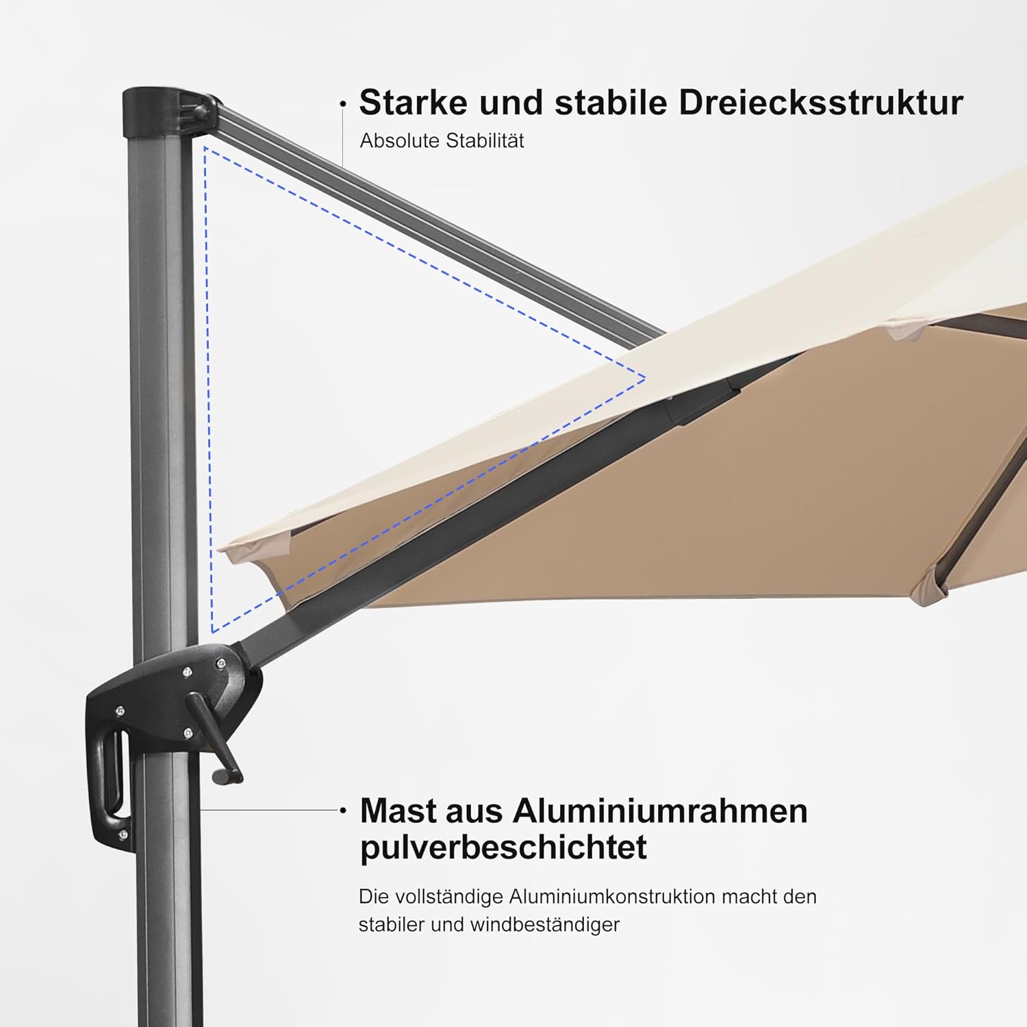 PURPLE LEAF Sonnenschirm 270 x 270 cm Groß Ampelschirm mit Kurbel 360-Grad Drehbar mit Fußpedal und Kreuzsockel für Terrasse, Balkon Sonnenschutz, Beige