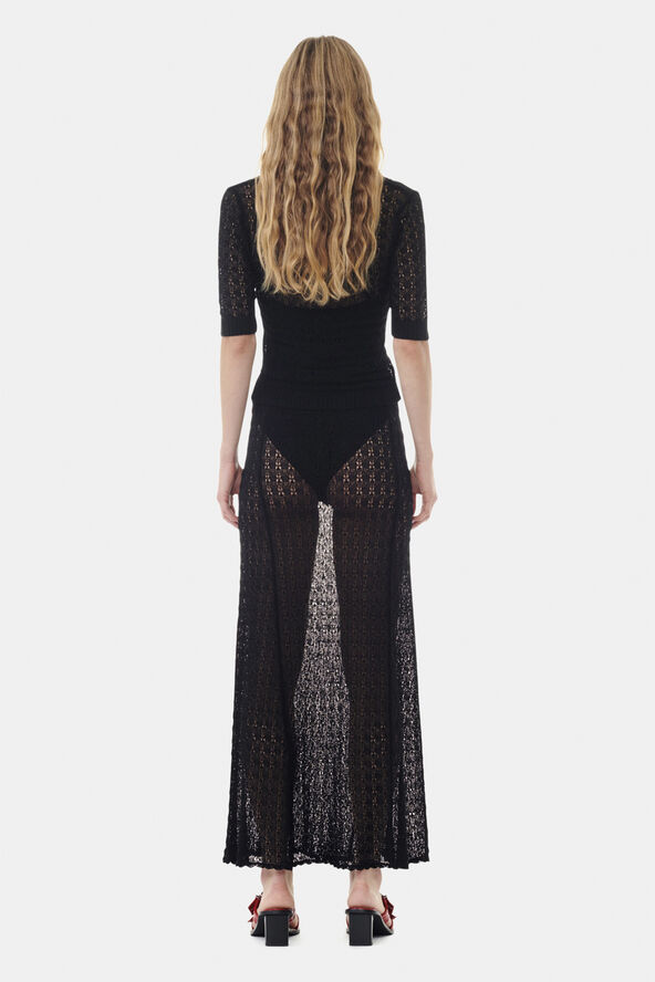Ganni Shiny Pointelle Knit Short Sleeve P Black