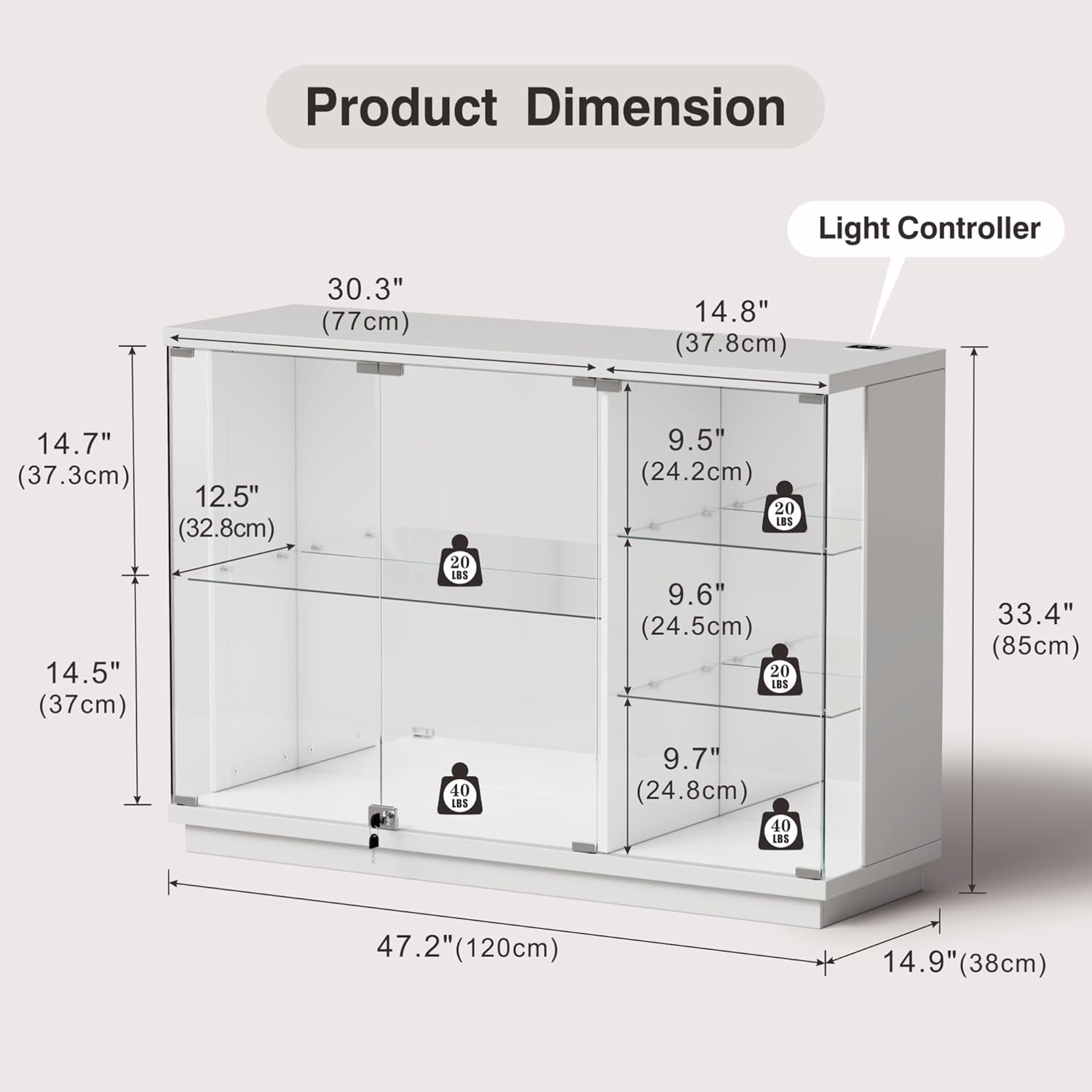 Lvifur Glasvitrine LED Beleuchtung und Glastüren,Glas Vitrinenschrank,Display Cabinet mit Intelligente Sensorik,3-Lagen Holz Vitrine Staubdicht für Wohnzimmer Schlafzimmer Büro,Schwarz