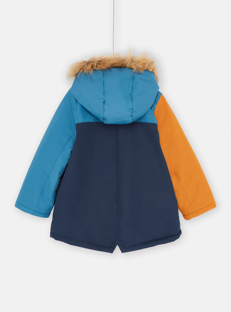 Parka à capuche orange et bleu