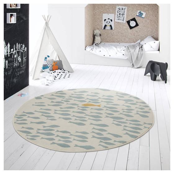 Tapis rond chambre d'enfant - petits poissons - beige et bleu clair - ø 120 cm