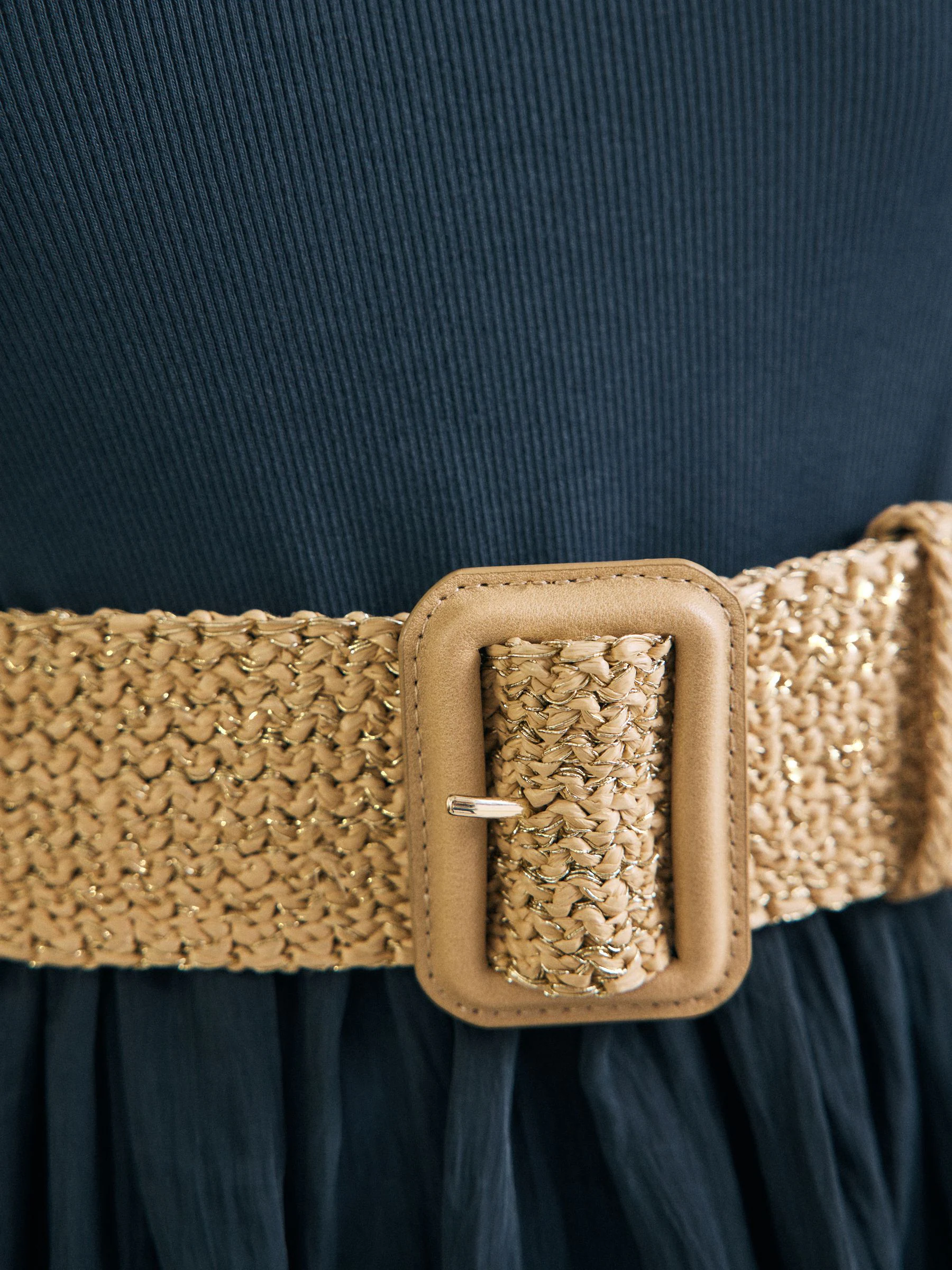 Naturel/goud - Wide Raffia Effect Belt