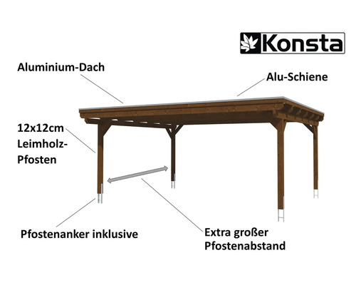 Konsta dubbele carport met aluminium dakpanelen inclusief H-ankers, 618x500 cm, walnoot afwerking