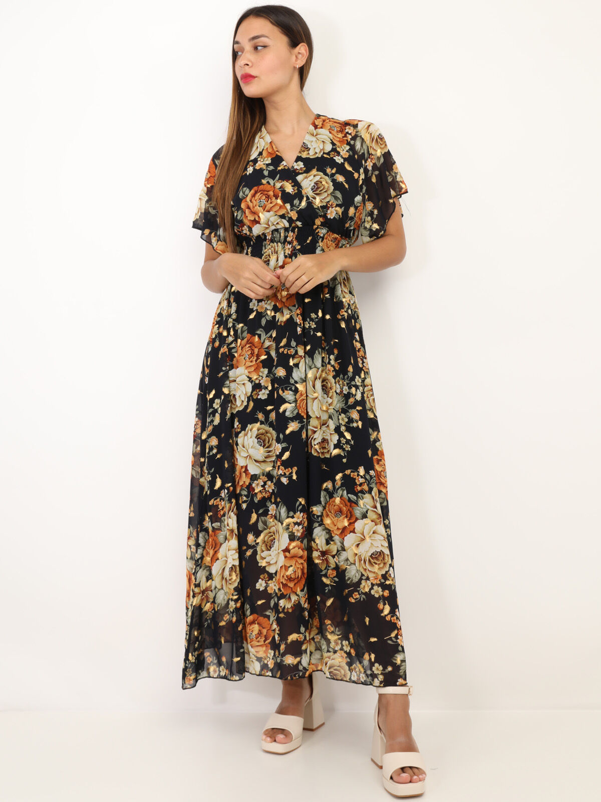 Robe longue cache cœur à fleurs- Bleu marine