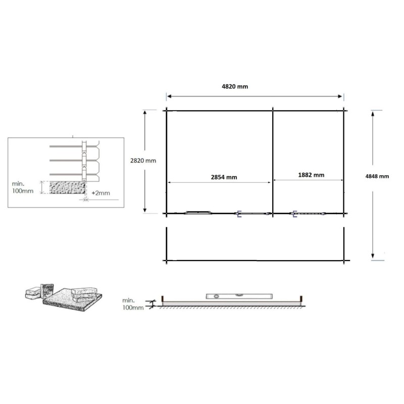Abri de jardin en bois - 5x3 m - 25 m2 + terrasse avec balustrade et avant-toit en bois