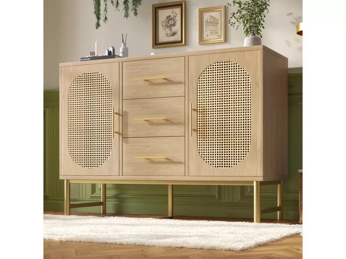 Buffet avec 3 tiroirs et 2 portes en rotin - 120 x 40 x 74 cm - Etagères réglables - Panneau de particules - Chêne