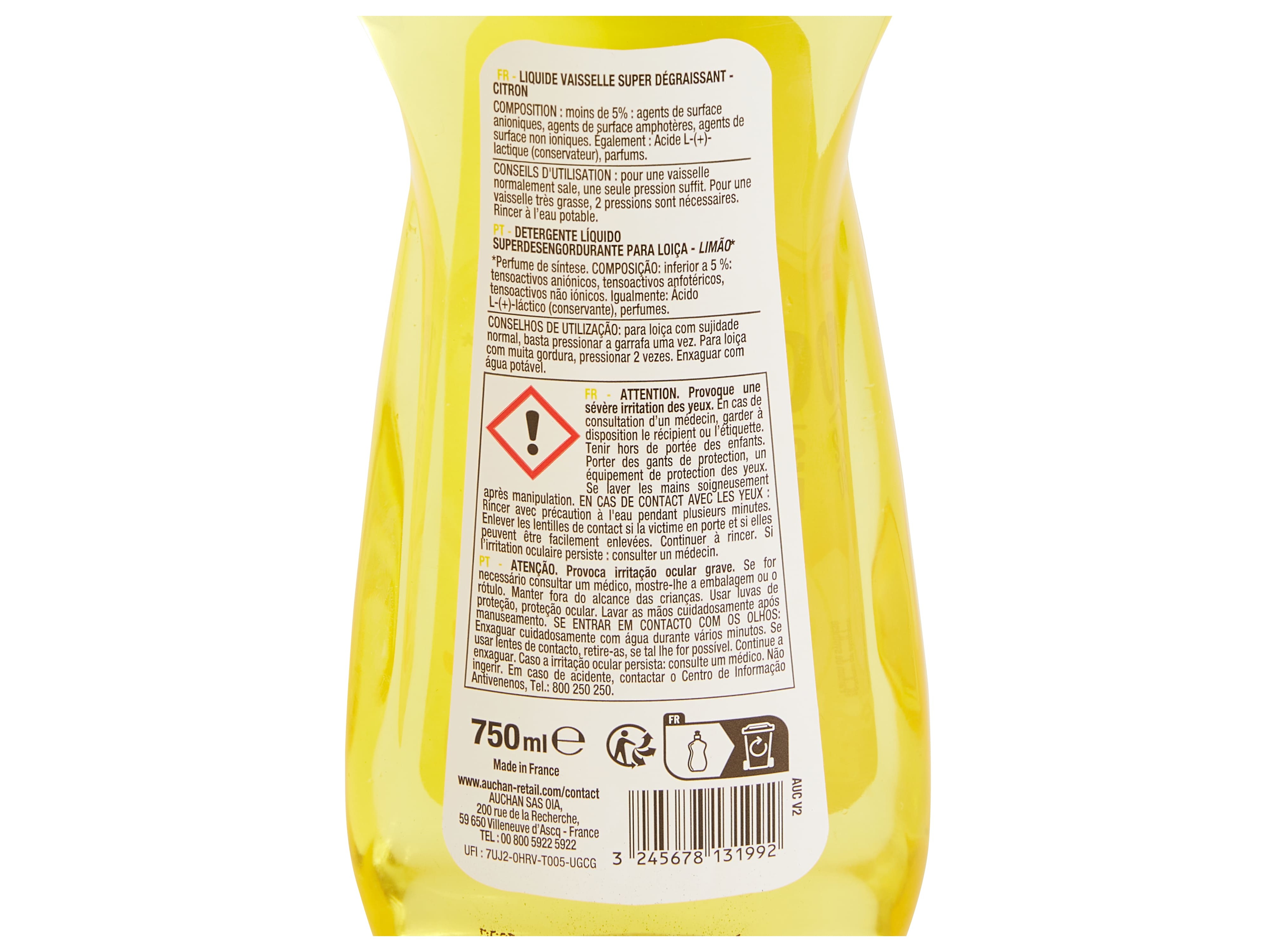 DETERGENTE LOIÇA MANUAL AUCHAN CONCENTRADO LIMÃO 750ML