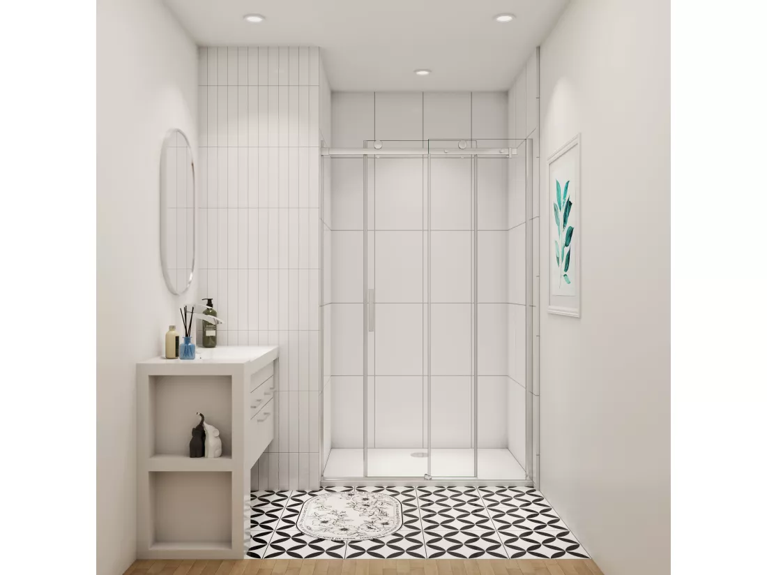 Aica porte de douche coulissante chromé 100x195cm, 8mm verre sécurit anticalcaire, installation en niche,Paroi de douche avec porte coulissante