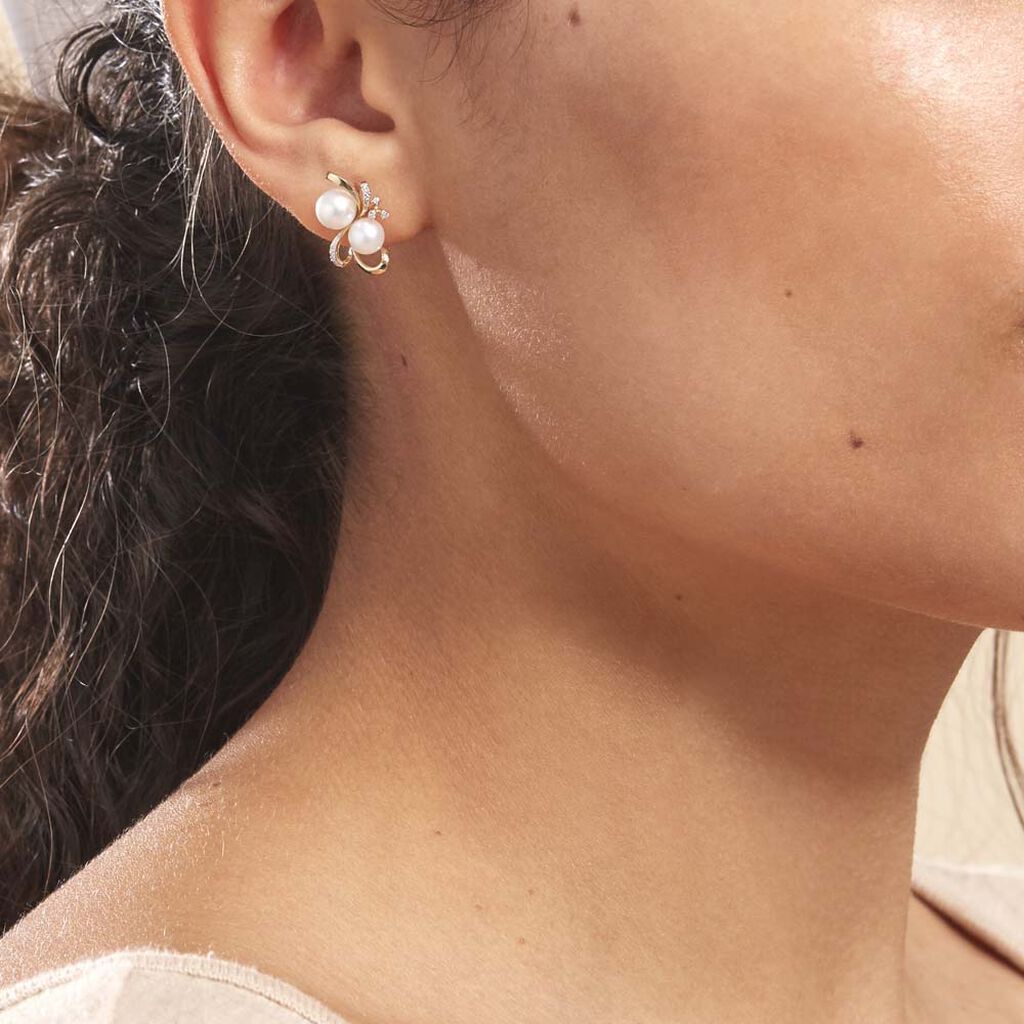 Boucles D'oreilles Puces Wandula Or Jaune Perle De Culture Et Diamant