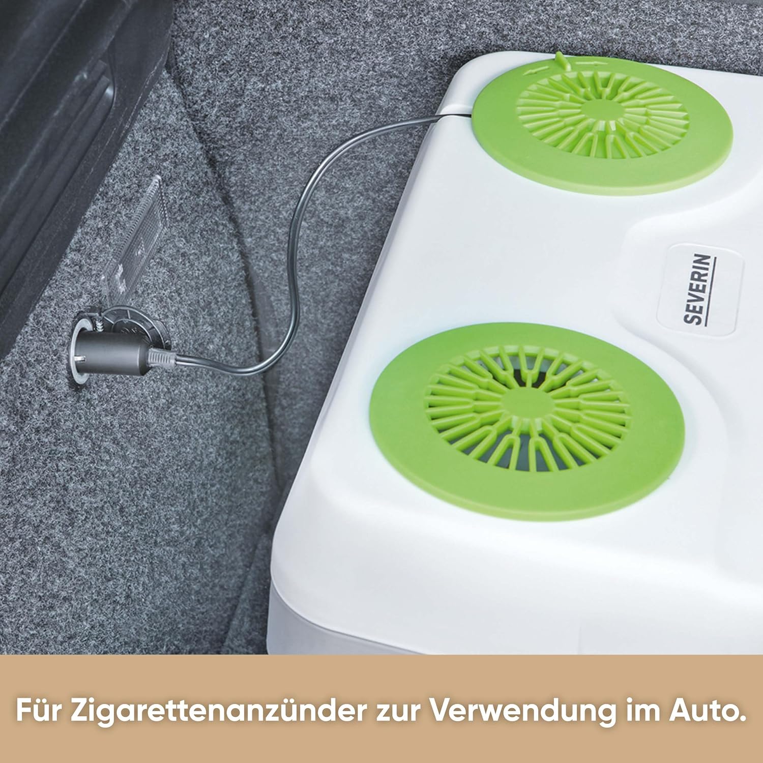 Severin Elektrische Kühlbox (25 L) mit Kühl- und Warmhaltefunktion, 3 Anschlüsse fürs Auto (USB, Netzteil & Zigarettenanzünder), grün/grau, KB 2923