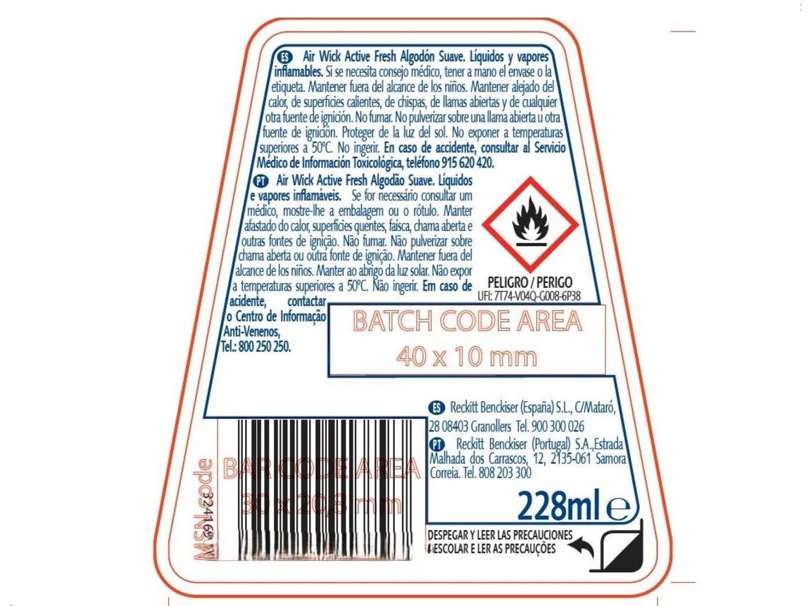 AMBIENTADOR ELÉCTRICO AIR WICK RECARGA ACTIVE FRESH ALGODAO 2X224 ML