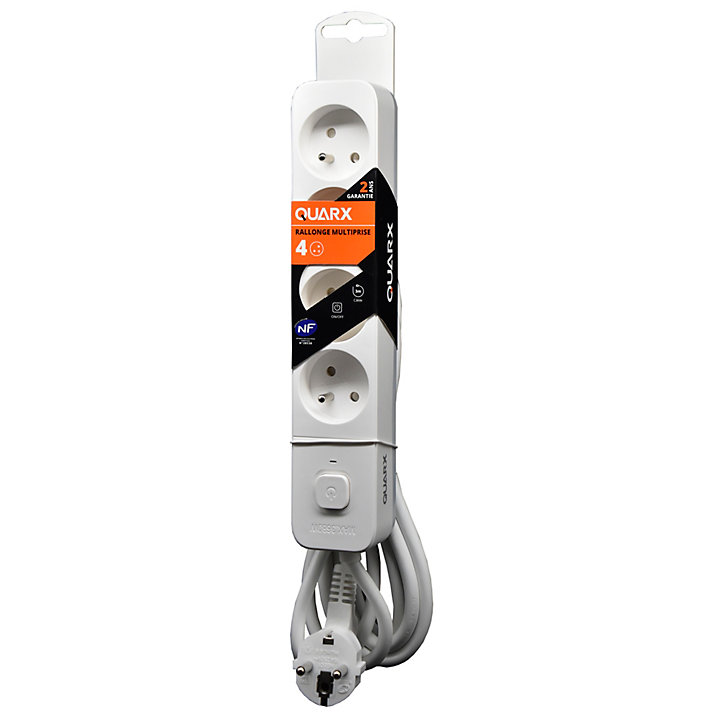 Multiprise 4 prises 2 pôles + terre Quarx blanc / gris 3 m