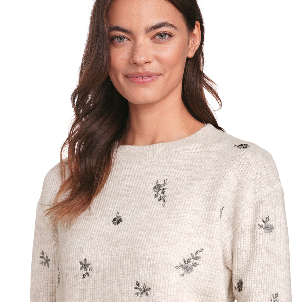 Gina Damen Strickpullover mit Stickerei creme