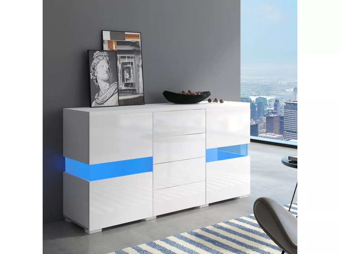 Banc TV 4 tiroirs et 4 portes, avec LED RGB et télécommande, meuble TV alimenté par USB, Blanc, 140x35x72cm