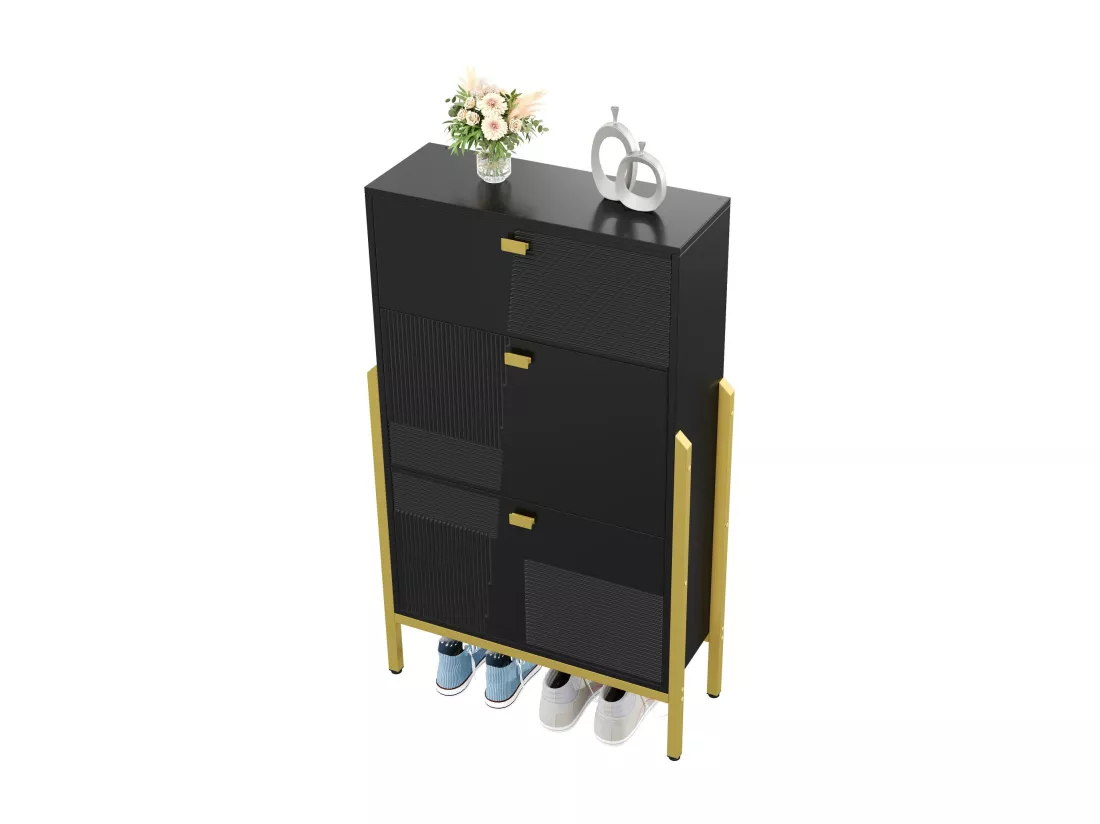 Armoire à chaussures avec tiroirs, porte-chaussures à double étage avec poignées et pieds dorés, design moderne et élégant, noir