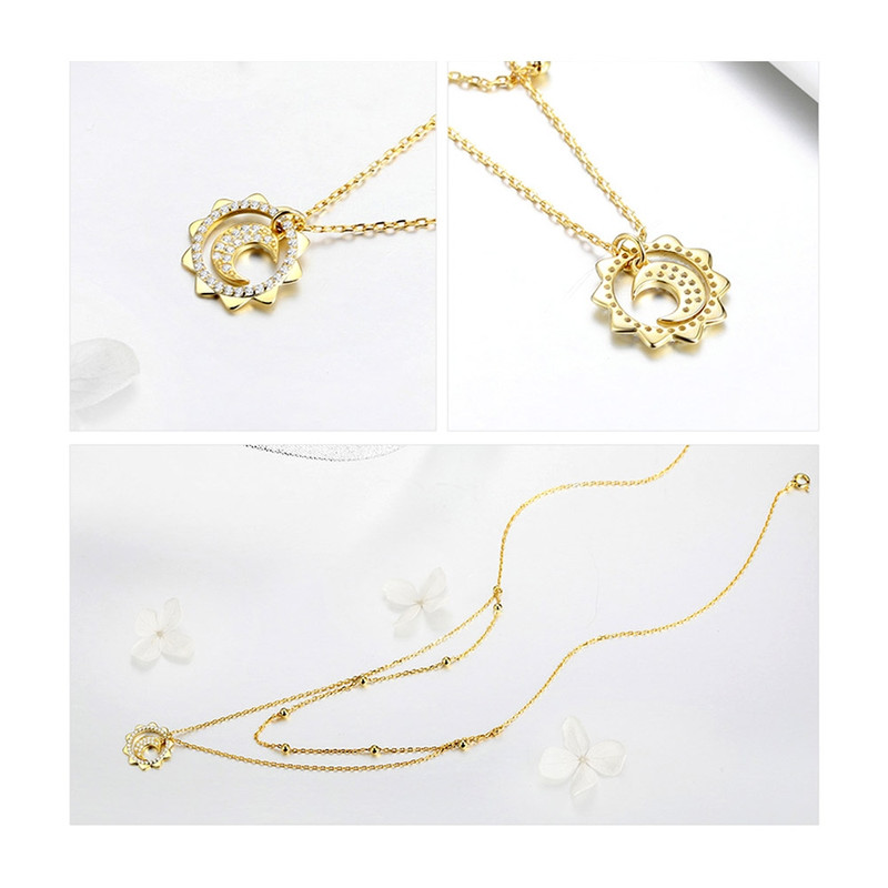 Collier Pendentif Soleil et Lune orné de Cristal de Swarovski blanc et Plaqué or jaune