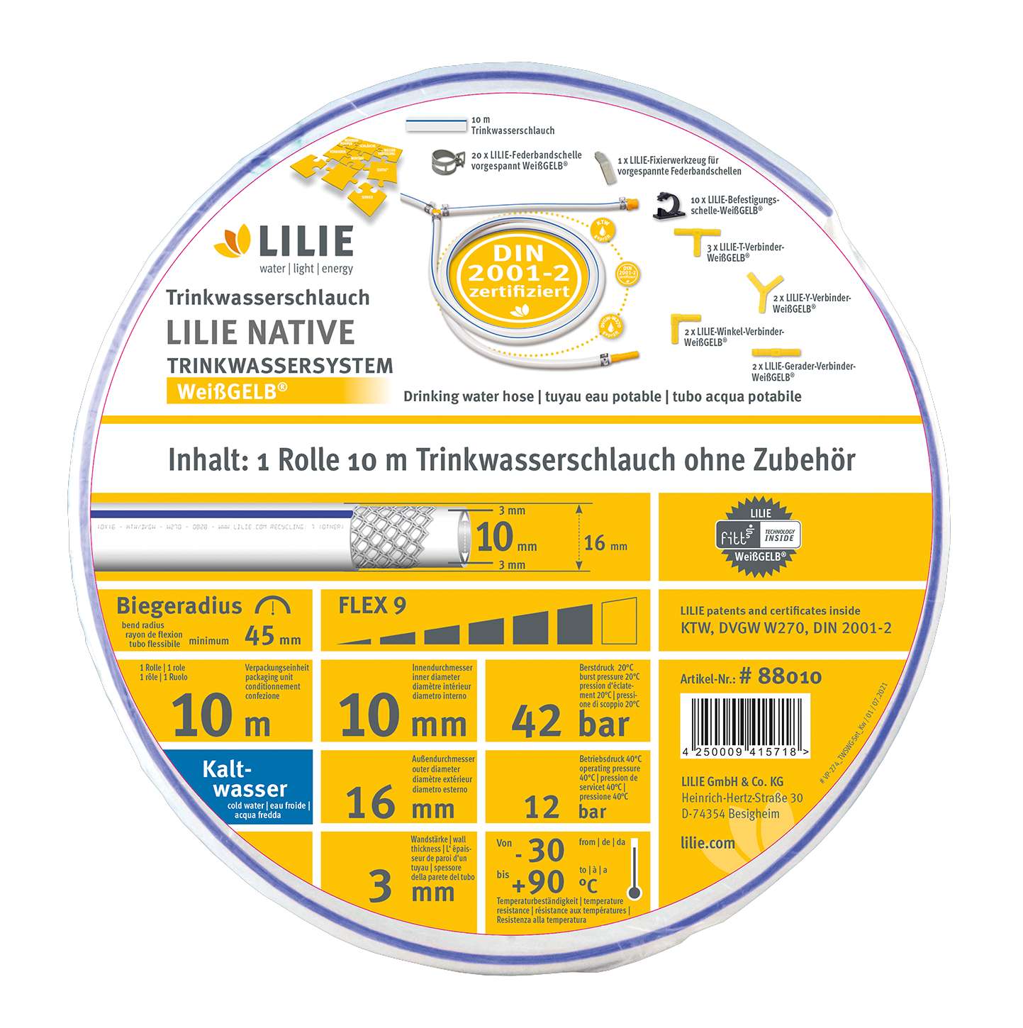 Lilie native 10m Rolle Trinkwasserschlauch 10x16mm  - kalt