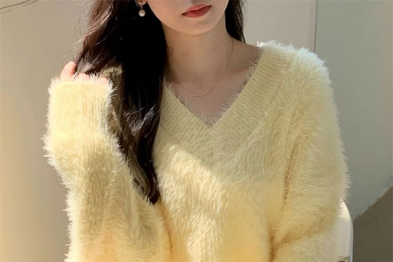 Honey River - V-hals effen, pluizige oversized trui