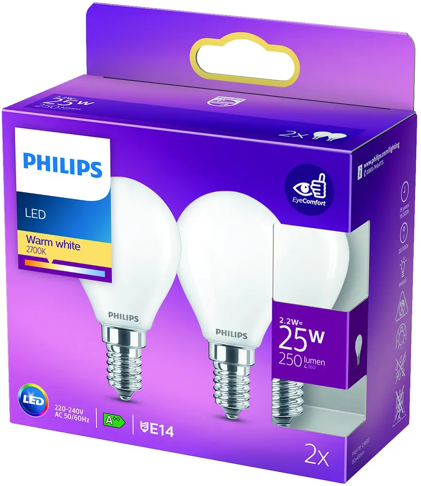 PHILIPS LED-pære 2,2W E14 P45 2-pak