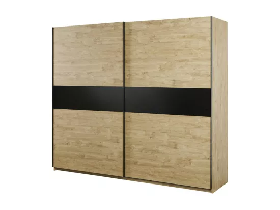 Chambre à coucher collection MORGANE : armoire 250 cm, lit avec applique 180x200, commode, chevets, chêne doré et noir