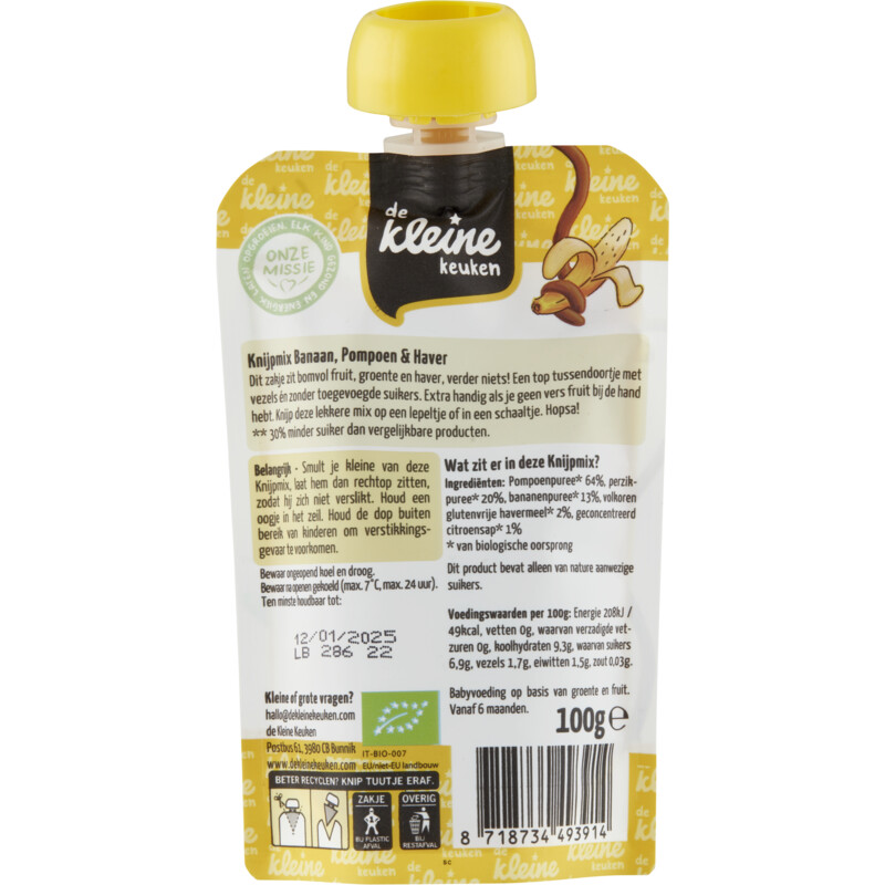 De Kleine Keuken Knijpmix banaan, pompoen & haver 6m+