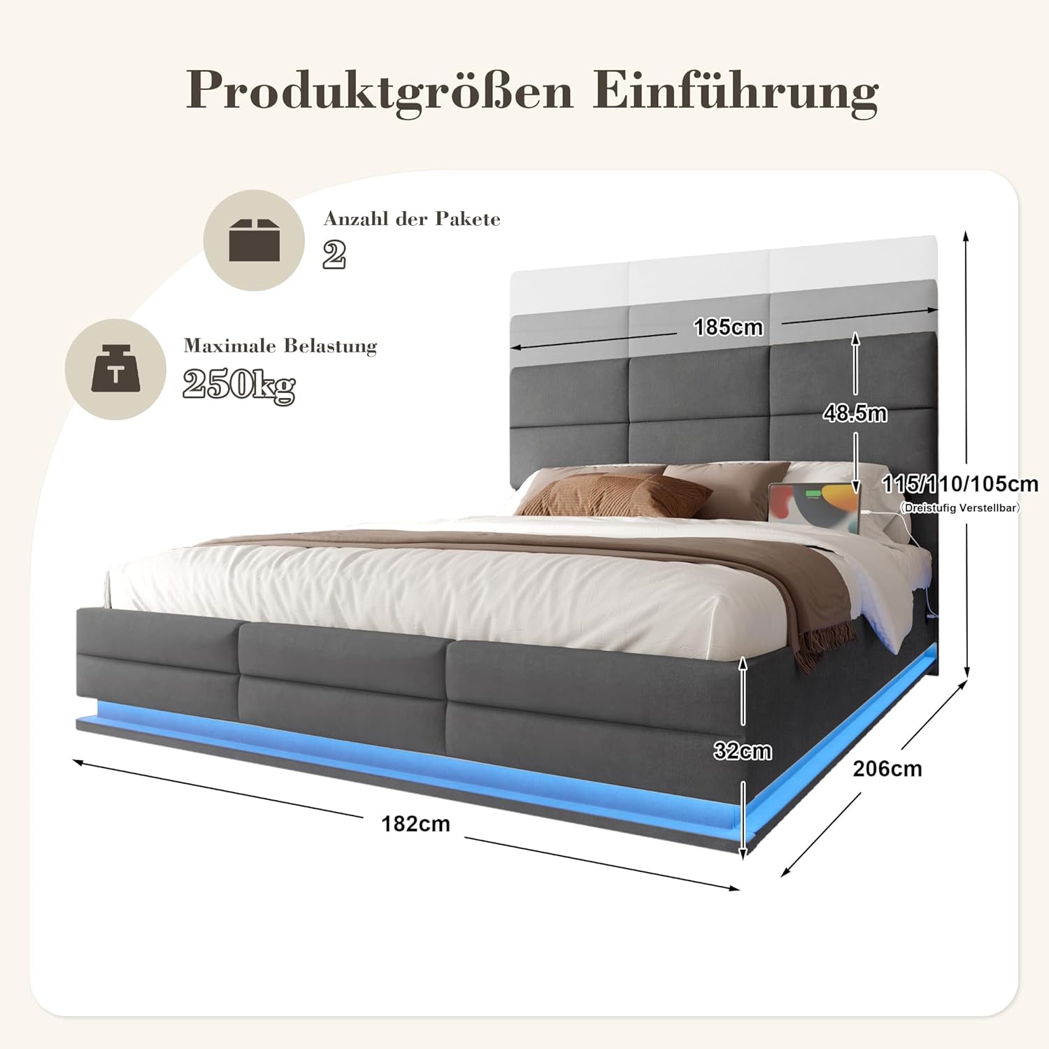 Polsterbett Doppelbett 180x200, LED Jugendbett Hydraulisches Stauraumbett mit Stauraum&USB Ladefunktion, Funktionsbett Bettgestell mit Höhenverstellbarem Kopfteil&Lattenrost, Samt, Ohne Matratze, Grau