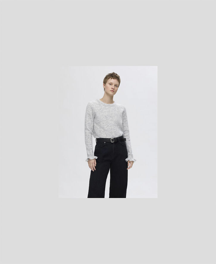 Selected Femme SLFLULU LS WOOL KNIT FRILL CUFF O-NECK N Grå