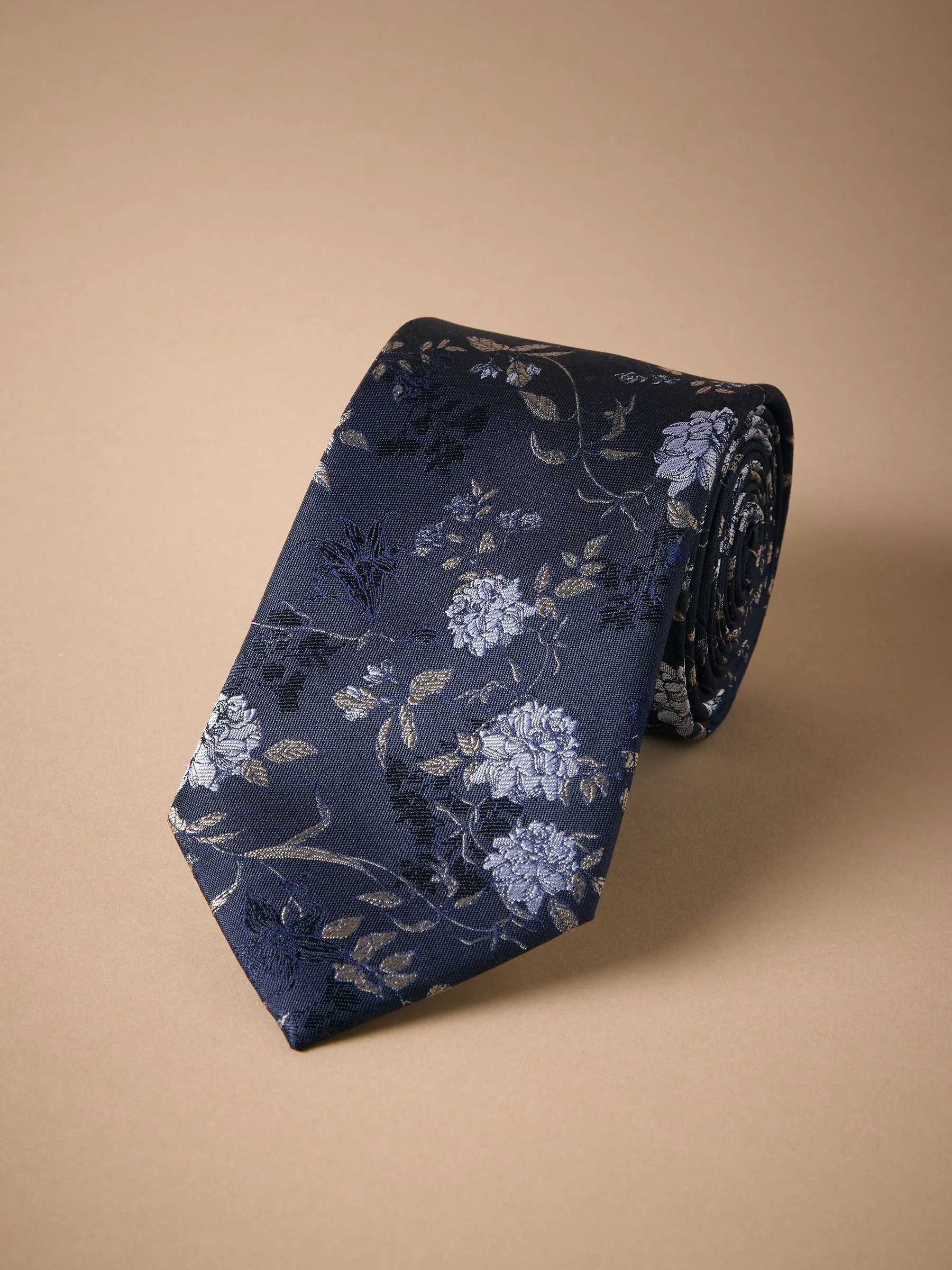 Marineblauw - Italiaanse zijden stropdas met bloemenprintontwerp
