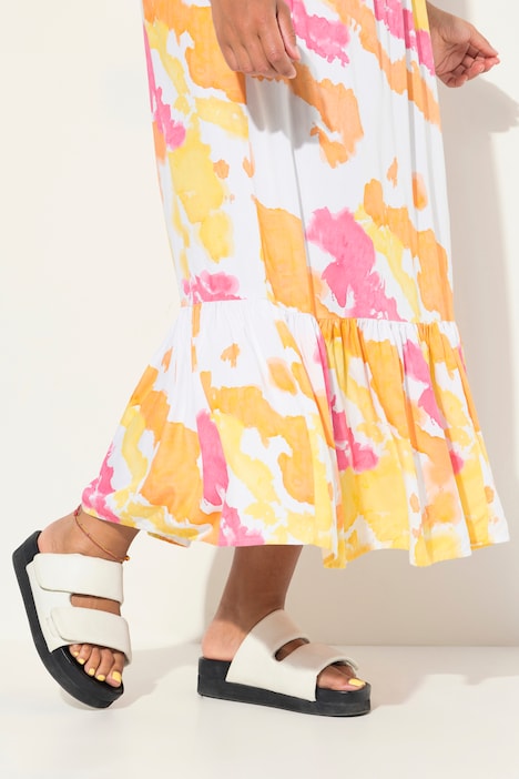 Maxikleid, Batik-Druck, Stehkragen, 3/4-Ärmel, Volants