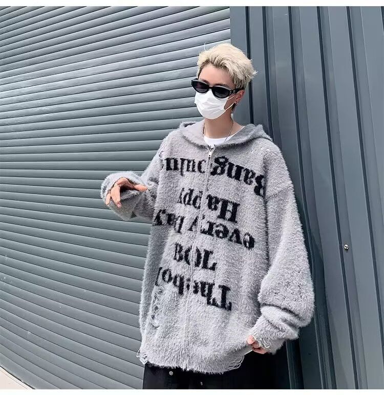 Femilina - Lettering Distressed Hooded Zip Cardigan