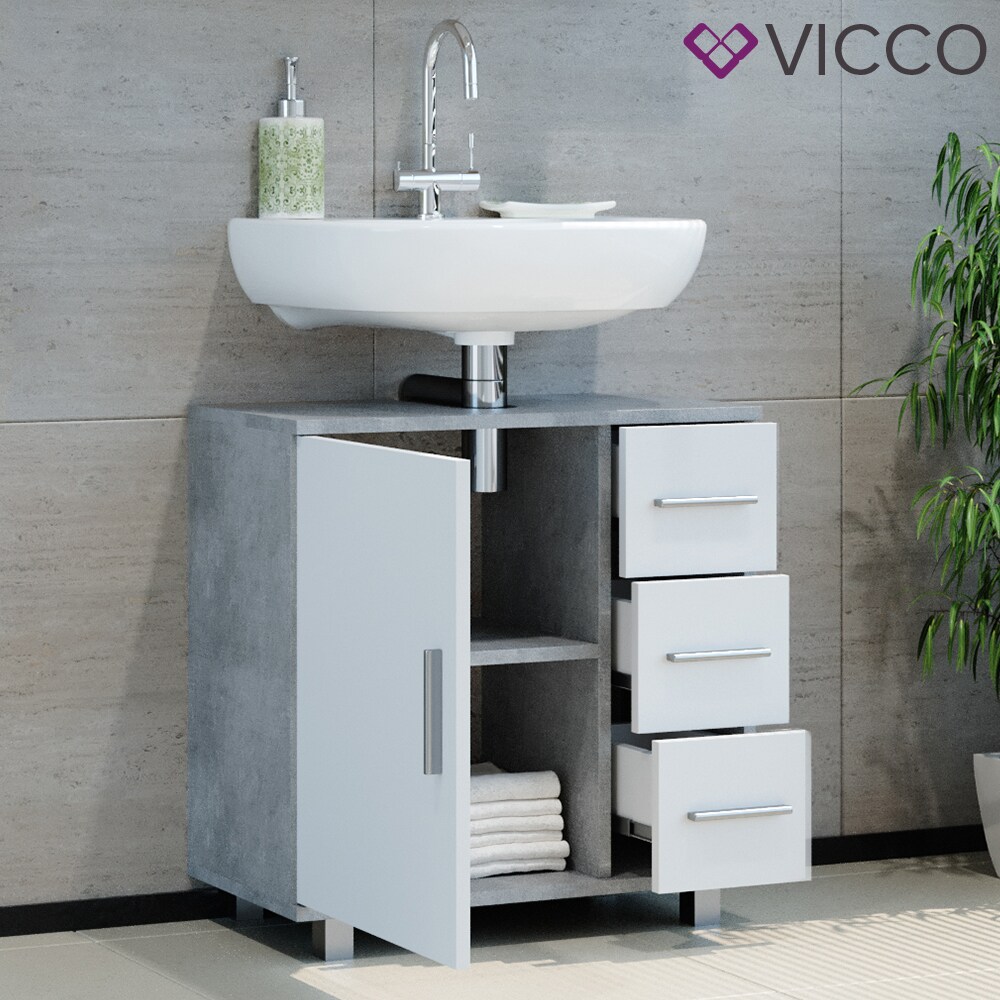 VICCO Waschbeckenunterschrank ILIAS Weiß Beton Waschtisch Unterschrank Badezimmer
