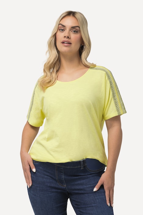 T-Shirt, Stickerei, Smok-Schultern, Rundhals, Halbarm