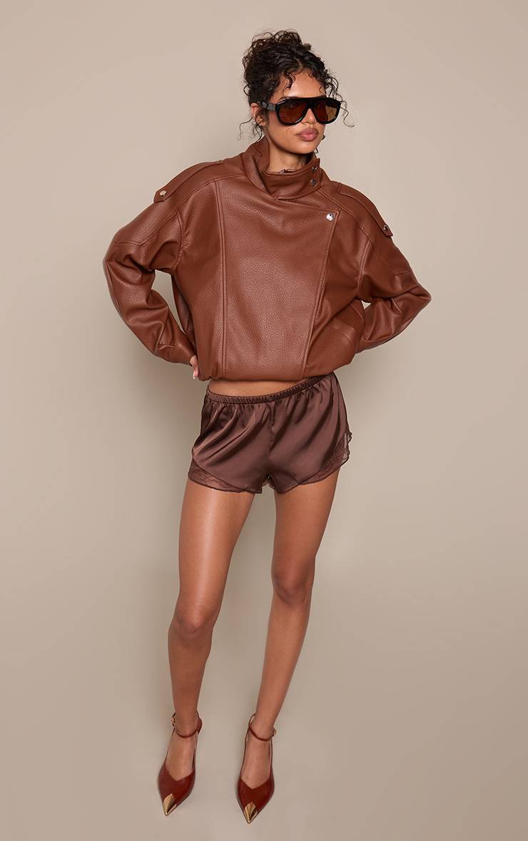 Marron Veste De Motard Col Montant En Synthétiquecuir