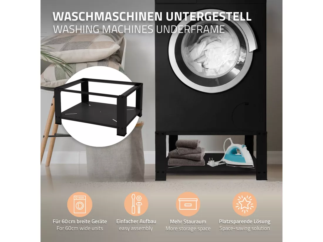 Socle pour machine à laver en acier noir accessoire avec étagère ML-Design