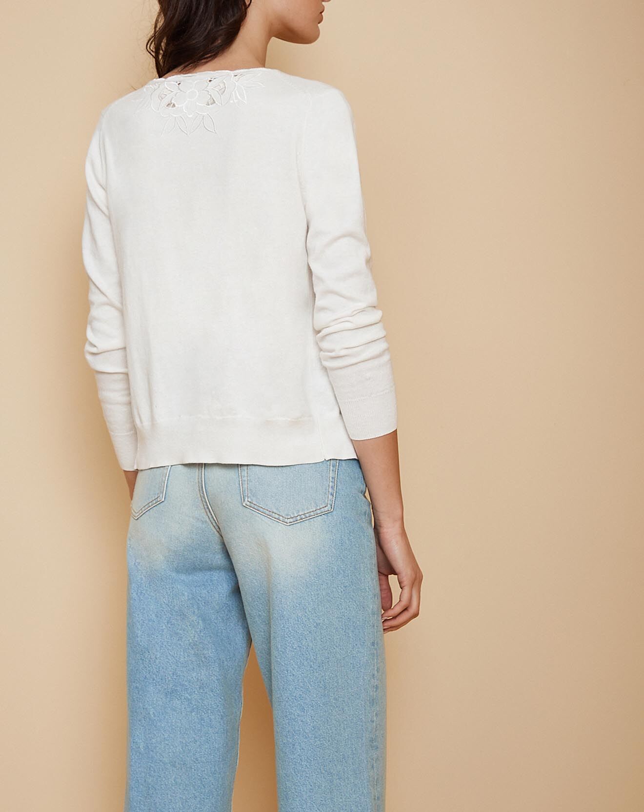 Cyrillus Cardigan en Coton & Cachemire brodé écru