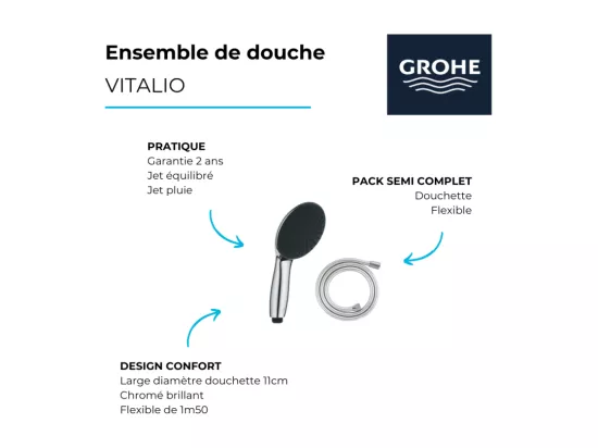 Douchette 1 jet GROHE Vitalio Start 110 chromé + Flexible de douche GROHE 1500 chromé
