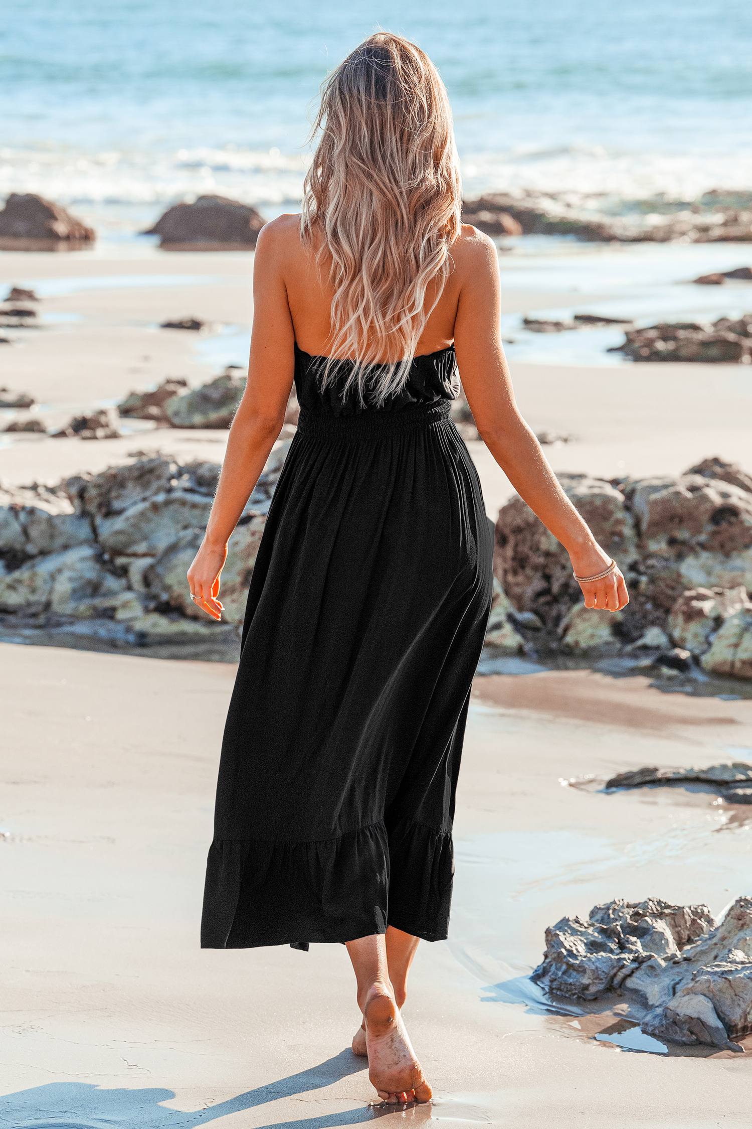 Robe tube maxi avec taille à smocks et micro volants noir