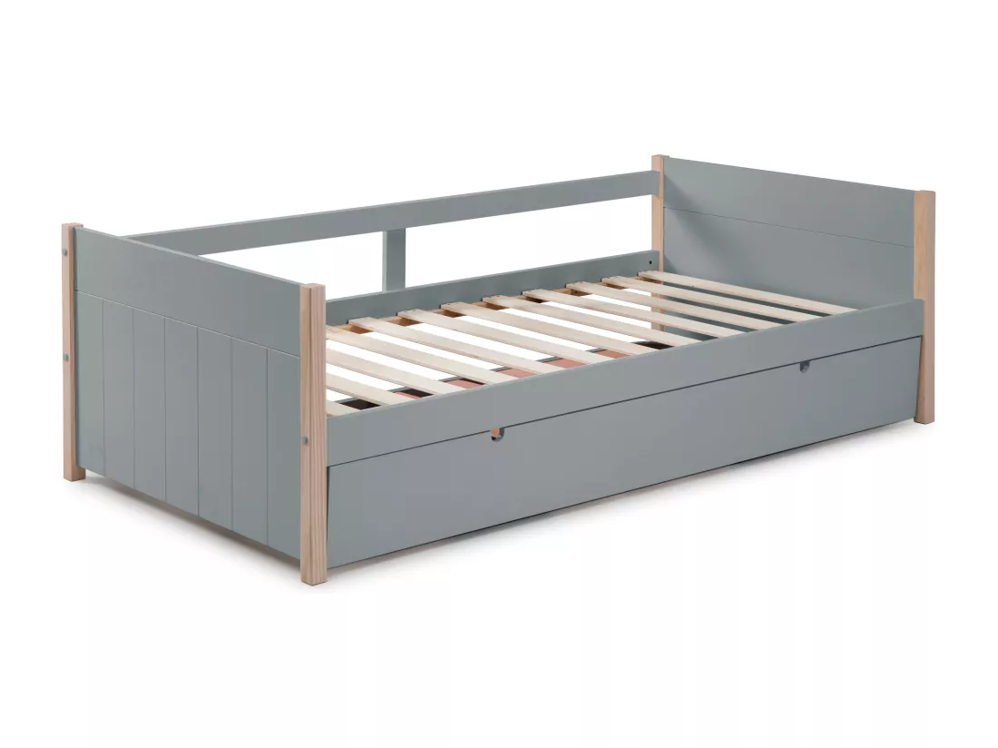 Lit gigogne 2 x 90 x 190 cm - MDF, pin et métal - Vert et naturel + Matelas - MAREKI