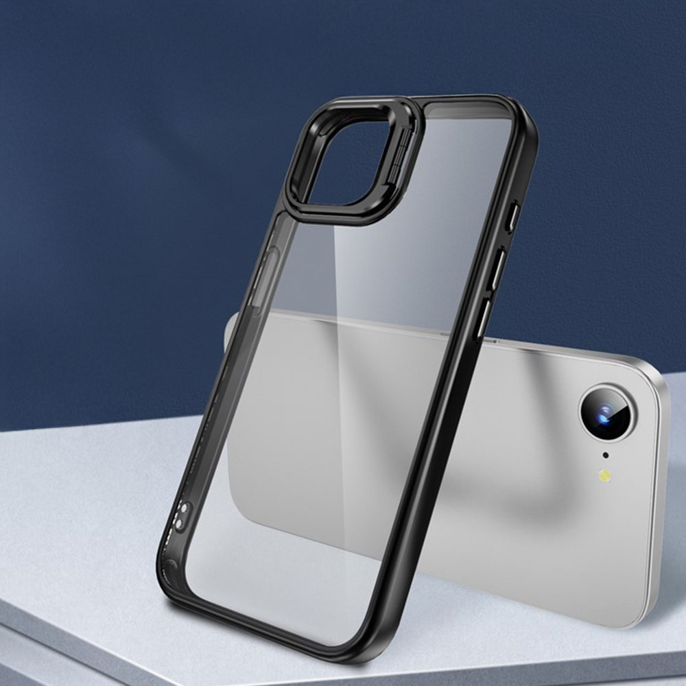 iPhone 16e Hybrid Hardcase Hülle TPU Bumper   Kunststoff Rückseite mit Kamera Kickstand - Schwarz / Transparent