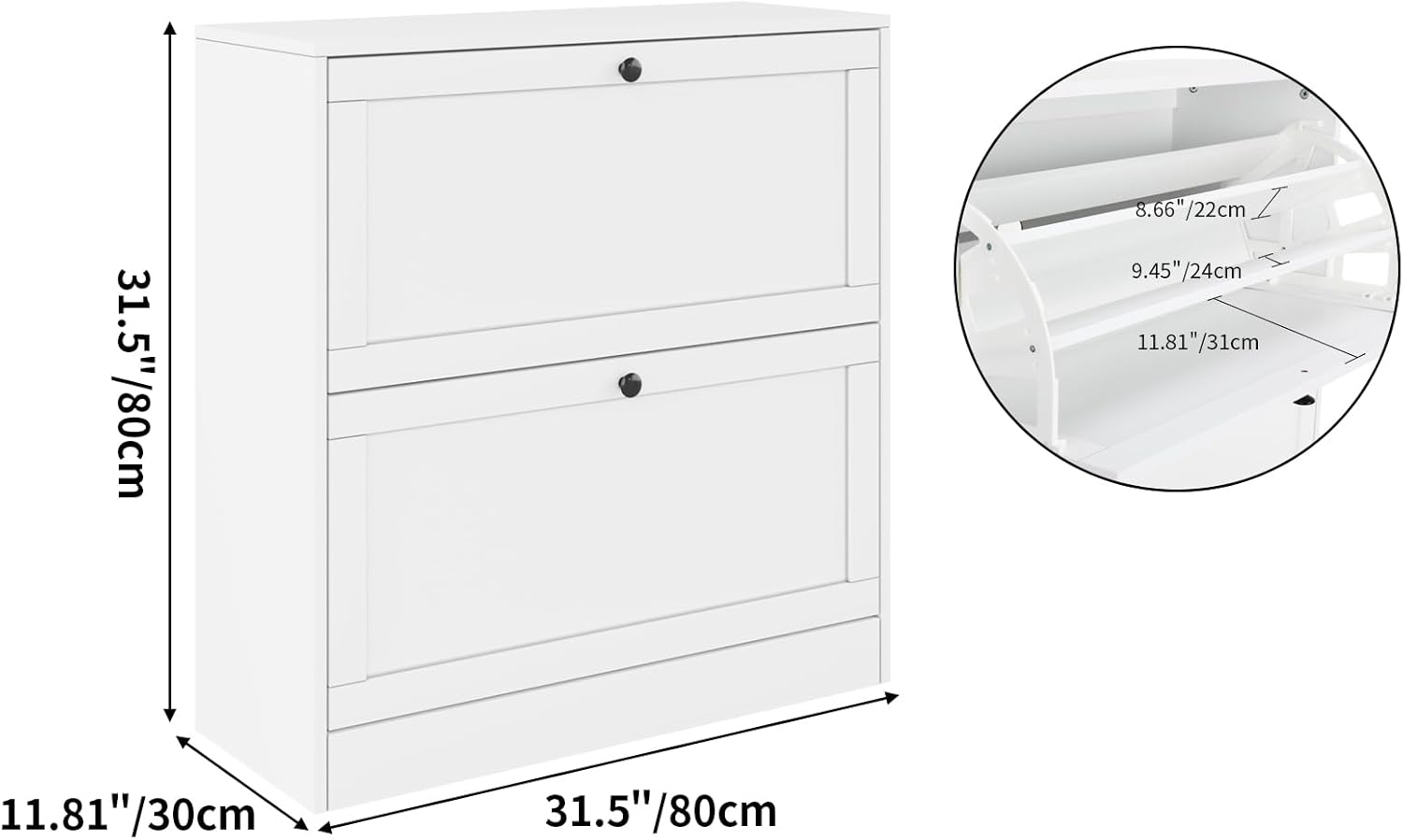 VOWNER Schuhschrank mit 2 Klappen, Schuhregal Schuhkipper Schmal, mit 6 Fächern, Schuhschrank Weiss, Verstellbar, Anti-Kipp-Vorrichtung für Eingangsbereich, Flur, 80 x 30 x 80 cm