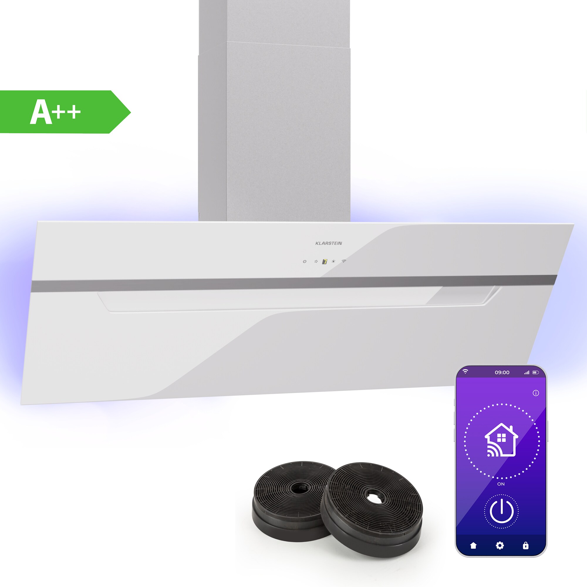 BigBite 90 Dunstabzugshaube 90 cm 305 m³/h LED-Display Glasfront App Weiß