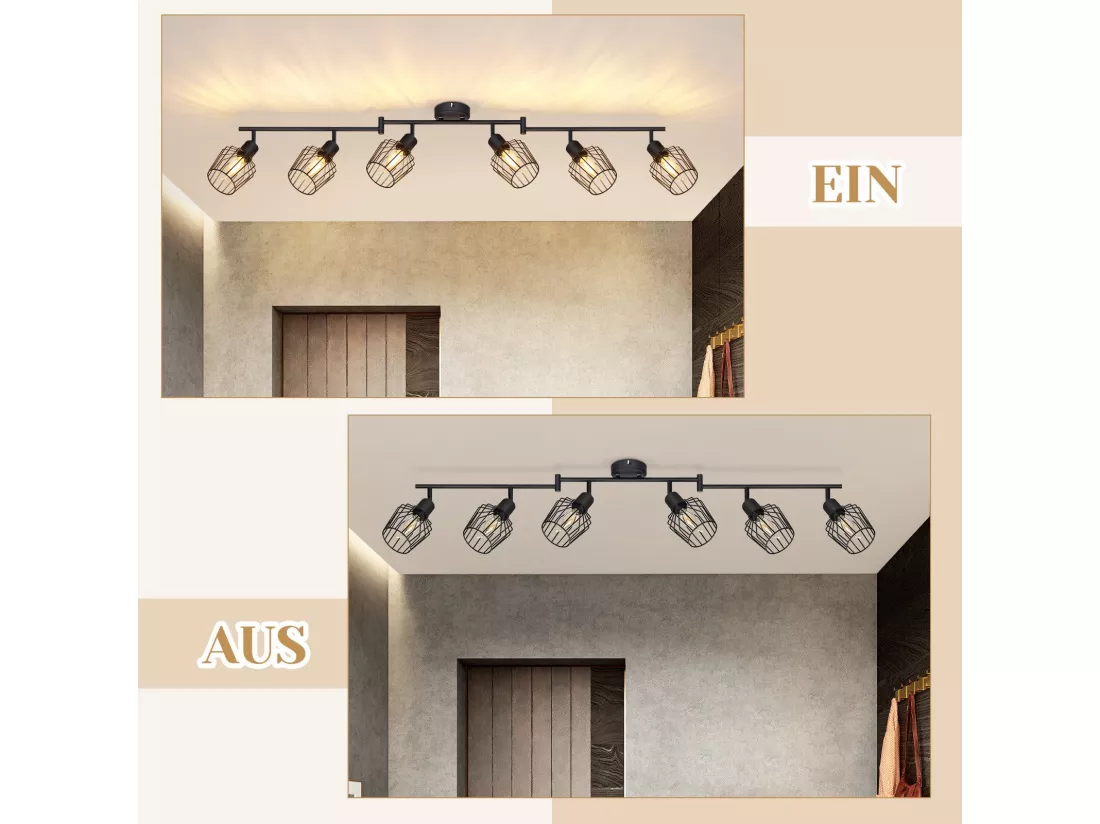NETTLIFE Plafonnier E14 6 flammes spot de plafond noir spot industriel LED rotatif 350° dimmable