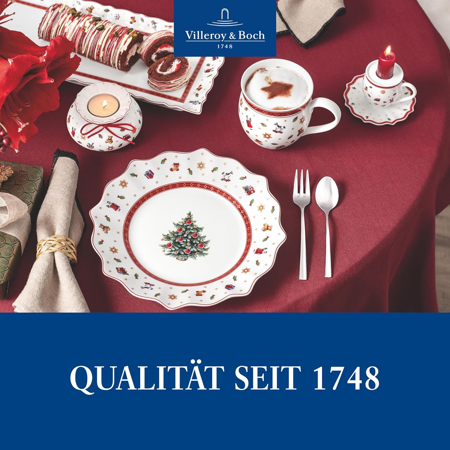 Villeroy & Boch - Toy's Delight Breakfast For Two Frühstücksservice 2 Personen 6 teilig, weiß/rot, Kaffeeservice Weihnachten, Weihnachtliches Geschirr, Weihnachtsgeschirr, Premium Porzellan
