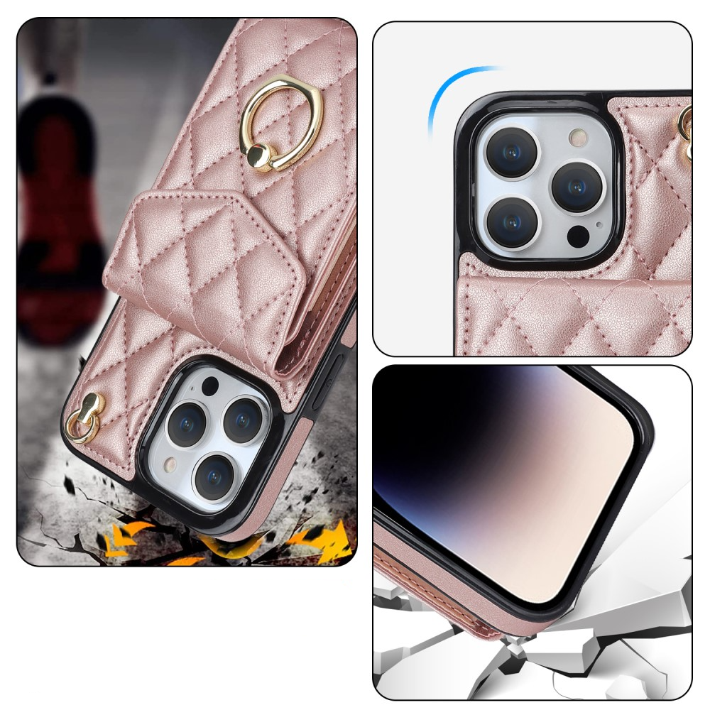 iPhone 15 Pro Necklace Leder Hülle mit Kartenfächer   Finger Griff Halterung   Handykette (RFID Schutz) - Roségold