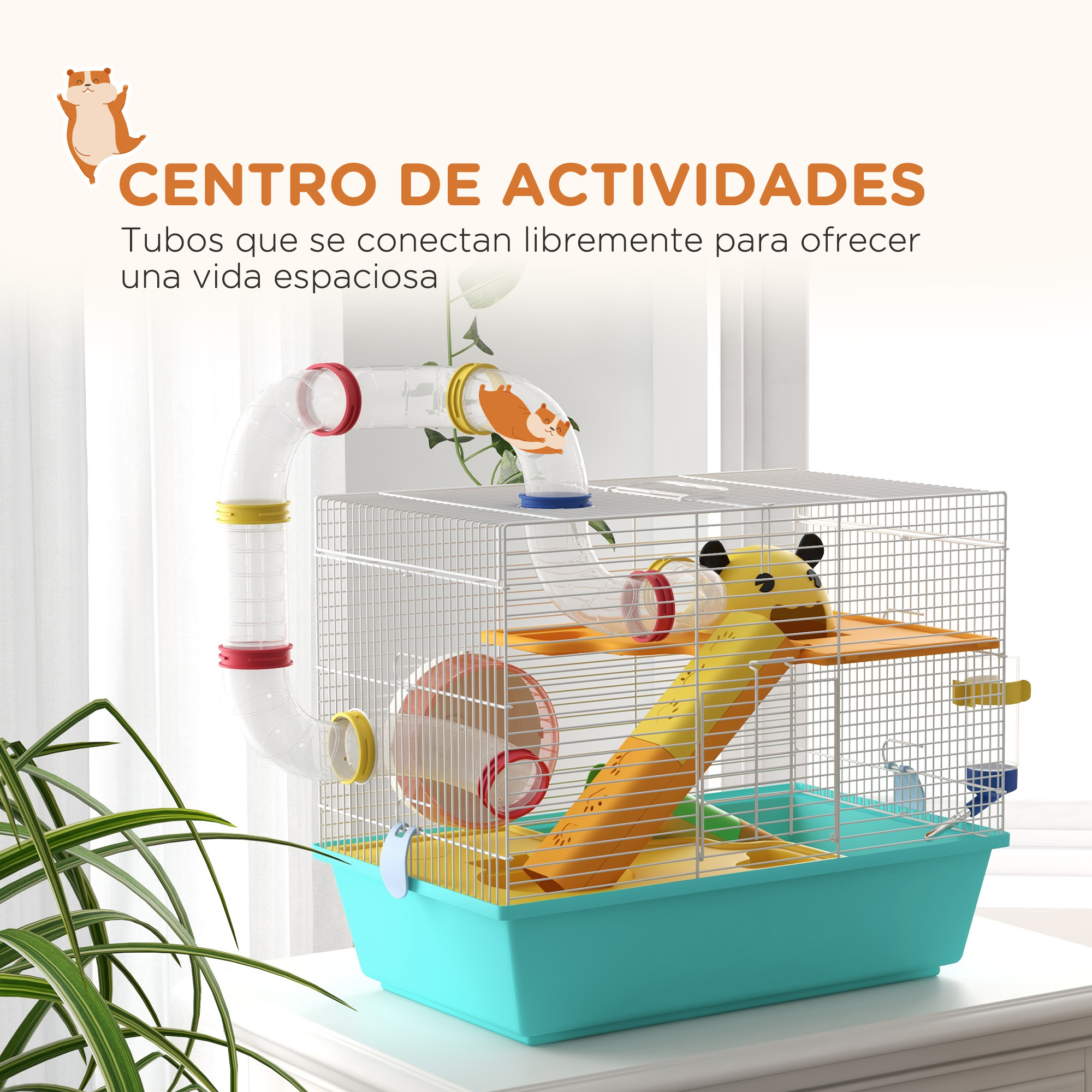 Gaiola PawHut para Hamster, Casinha para Pequenos Animais com Túnel, Plataformas, Bebedouro, Rampas e Roda de Exercícios, 45x28x37 cm, Azul Claro
